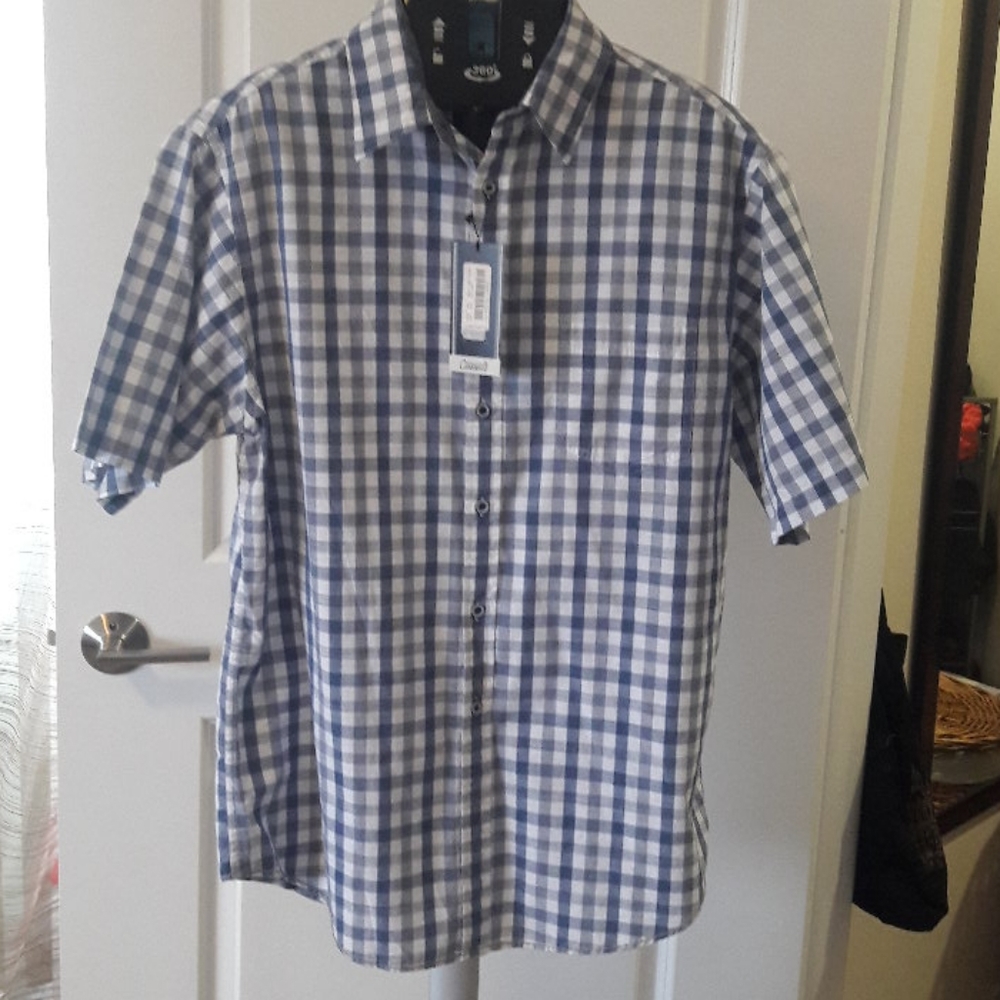 New - Large Blue/White checker men shirt.